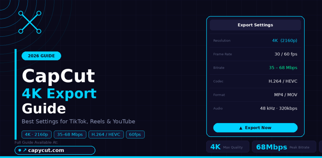 CapCut 4K export guide 2026 — showing best settings including 4K 2160p resolution, 35–68 Mbps bitrate, H.264/HEVC codec, and 30/60fps for TikTok, Reels and YouTube
