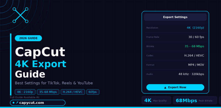 CapCut 4K export guide 2026 — showing best settings including 4K 2160p resolution, 35–68 Mbps bitrate, H.264/HEVC codec, and 30/60fps for TikTok, Reels and YouTube