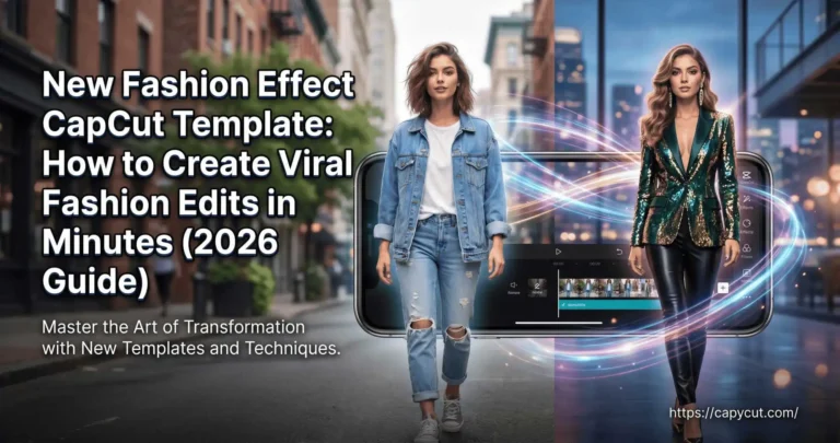 New Fashion Effect CapCut Template showing before and after fashion transformation edit with viral transition effects on smartphone screen.
