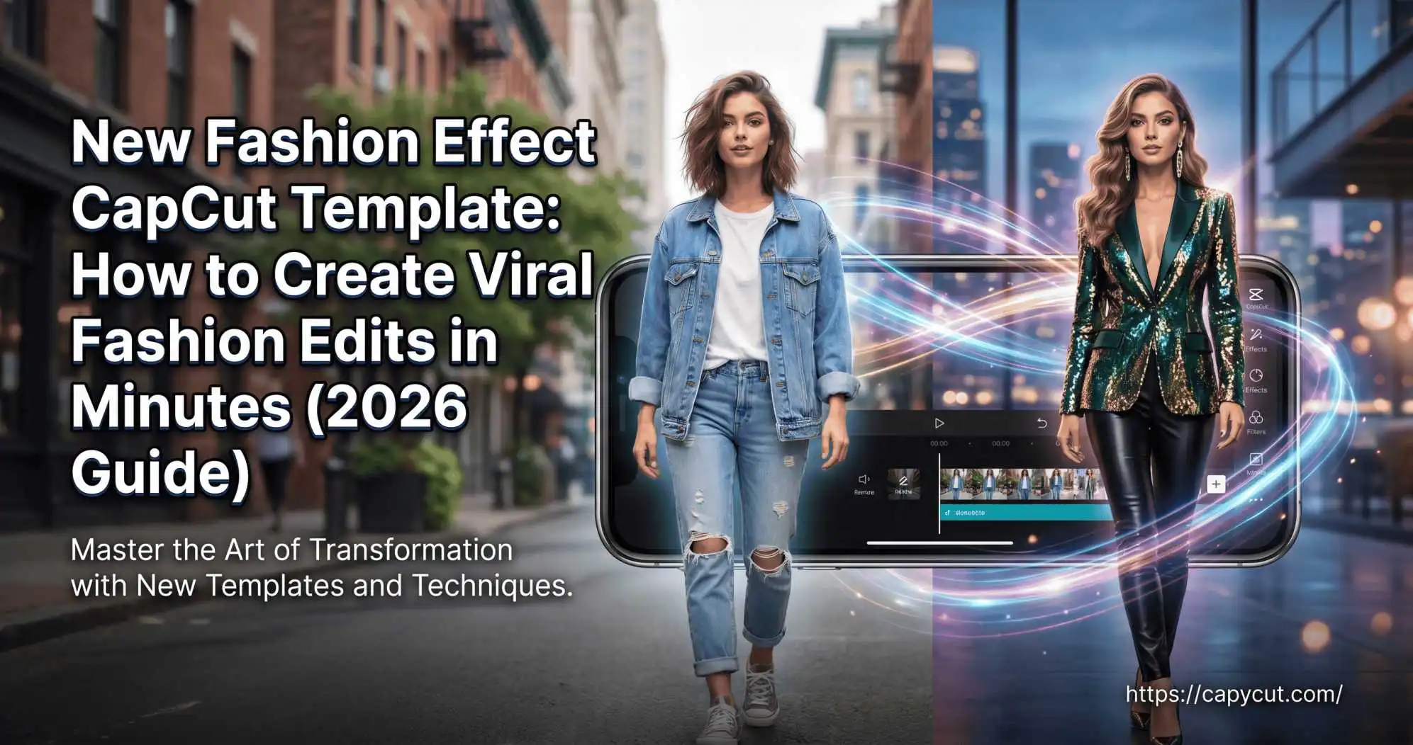 New Fashion Effect CapCut Template showing before and after fashion transformation edit with viral transition effects on smartphone screen.